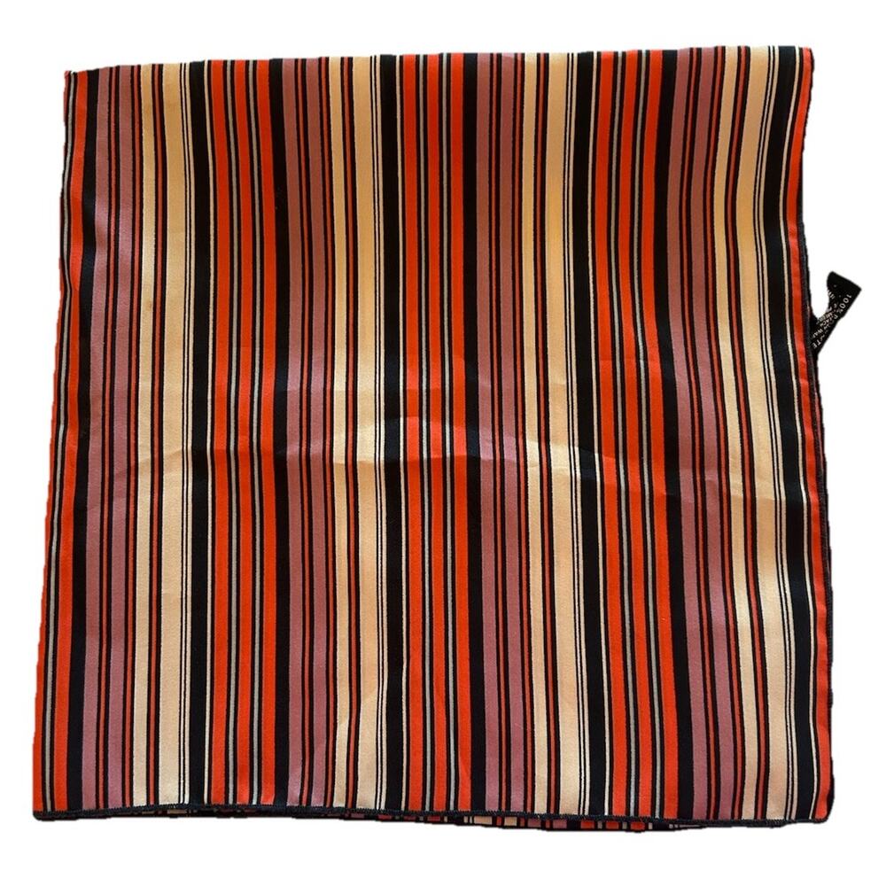Vtg Symphony Striped‎ 20” Square Scarf Black Tan Red Rolled Hem MCM 1960s USA